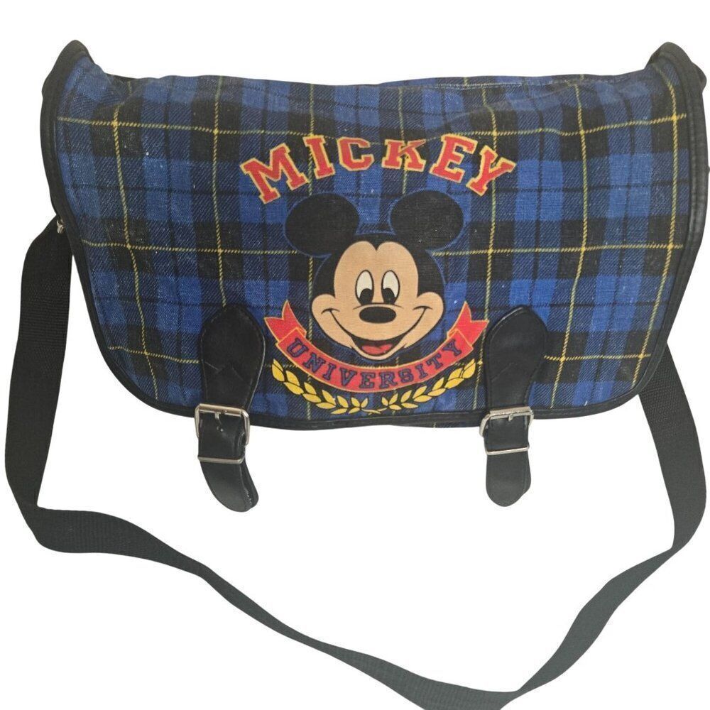 Vintage 90s Disney Mickey University Plaid Messenger Bag Blue